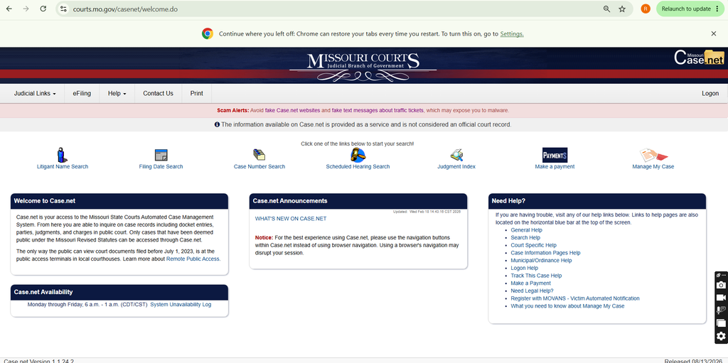 Missouri Case.net home page showing Litigant Name Search and other court case search options