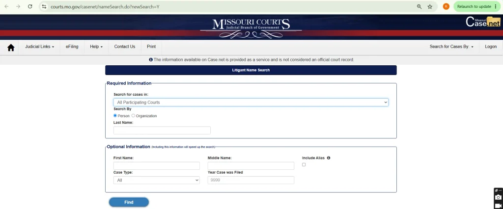 Litigant Name Search Form