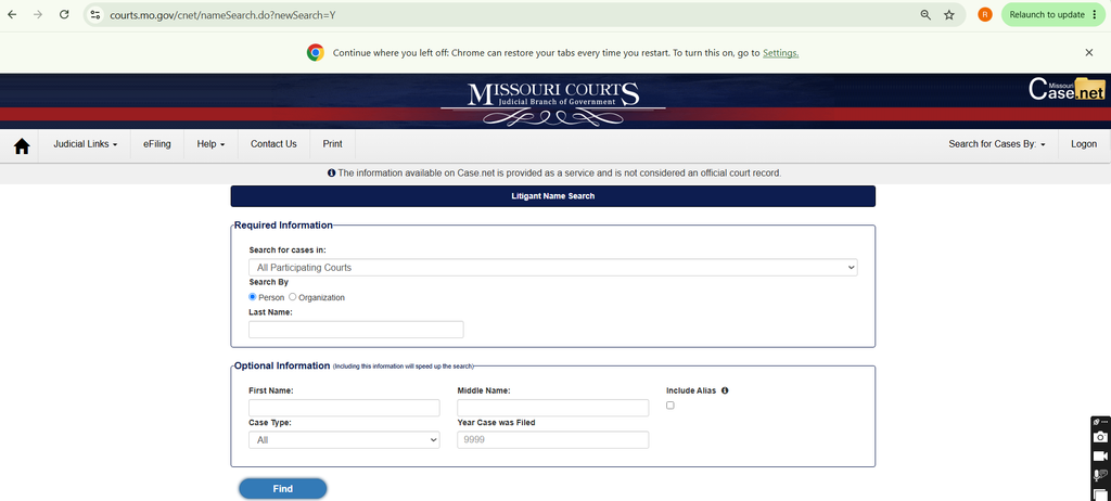 Missouri Case.net Litigant Name Search form with required and optional search fields