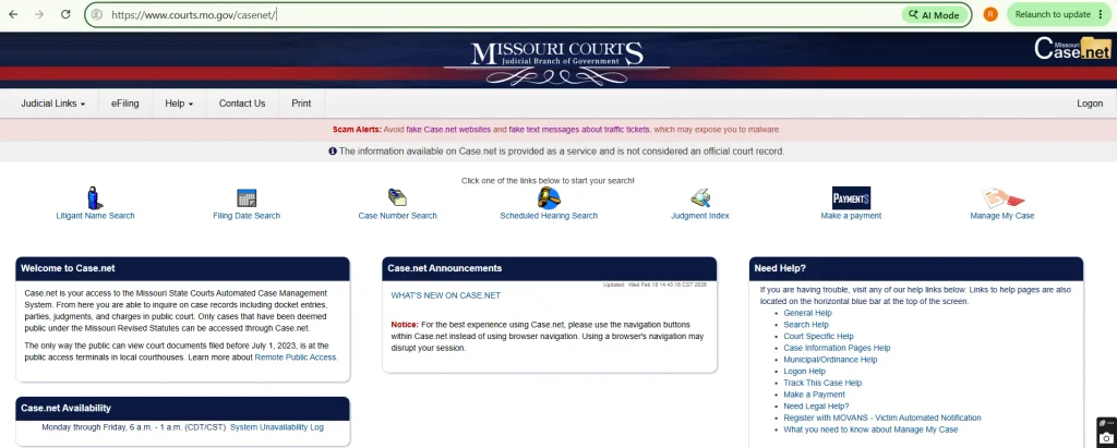 Official Missouri Case.net homepage at courts.mo.gov/casenet
