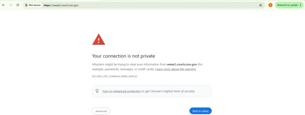 Old www2.courts.mo.gov Case.net address showing error