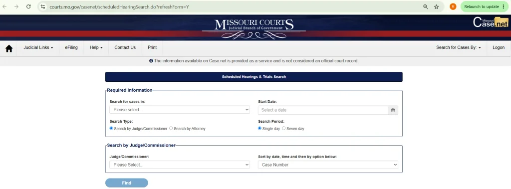 Scheduled Hearings & Trials Search Form