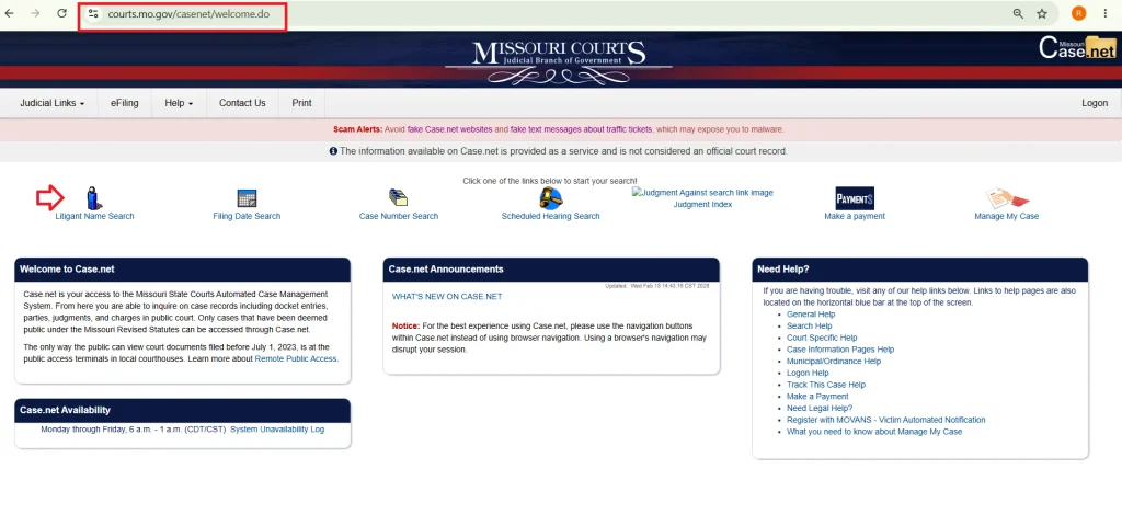 Select Litigant Name Search option in Missouri CaseNet Portal