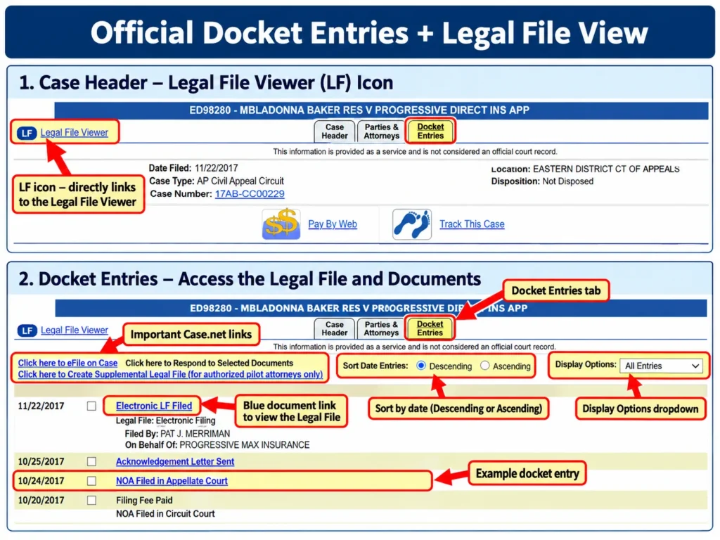 Case.net docket entries with blue document links and the Legal File Viewer icon for opening filed documents