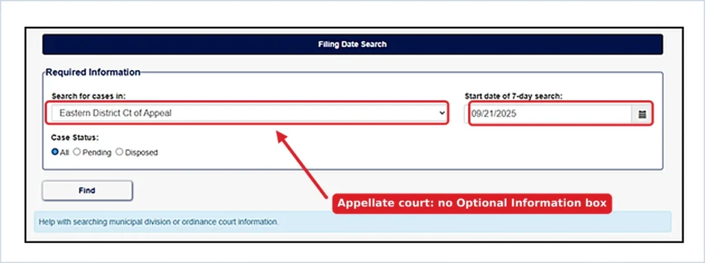 CaseNet Filing Date Search with Eastern District Court of Appeals selected and no optional filters