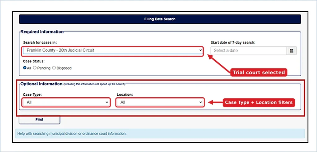 CaseNet filing date search optional Case Type and Location filters for Franklin County 20th Judicial Circuit