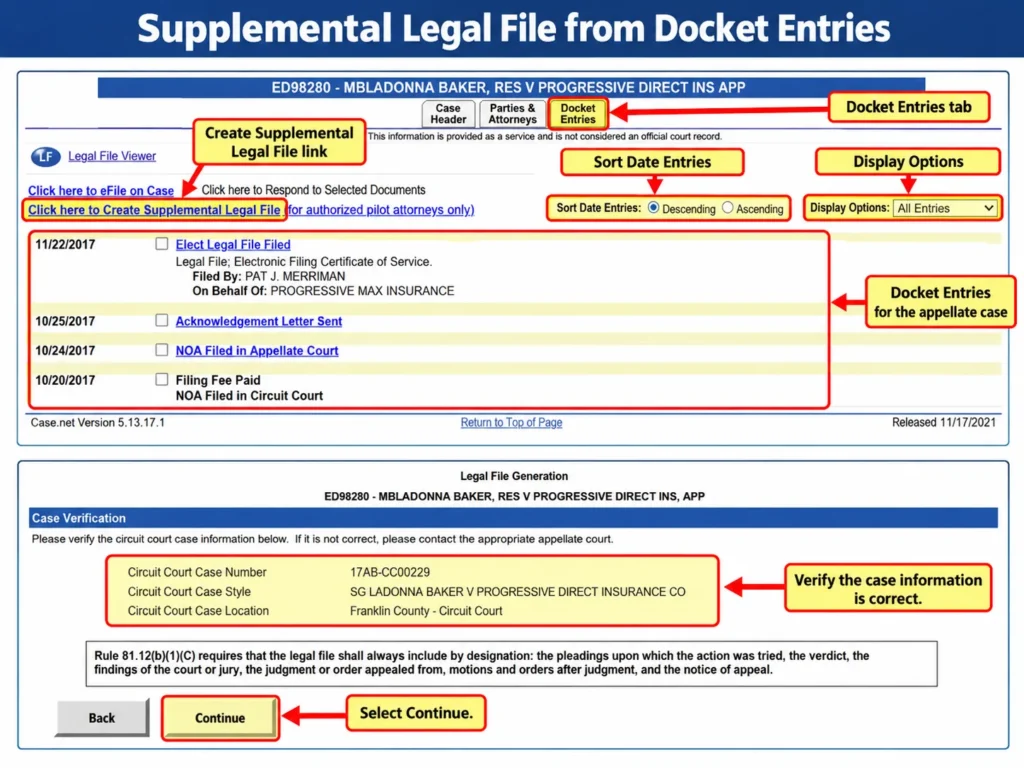 Case.net Docket Entries tab with the Create Supplemental Legal File link for an appellate case