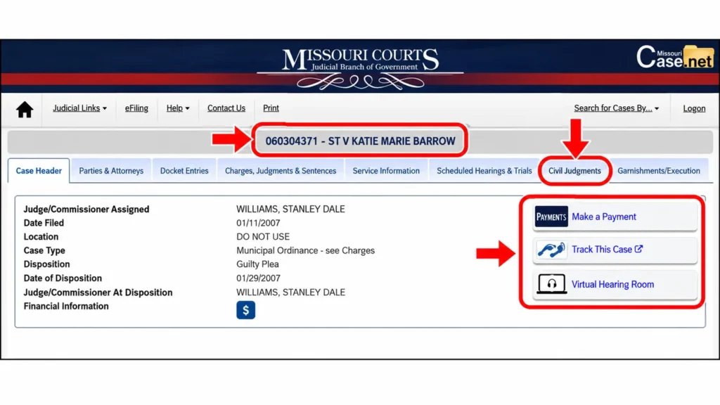 Case.net Case Header page with the Civil Judgments tab and case tools marked