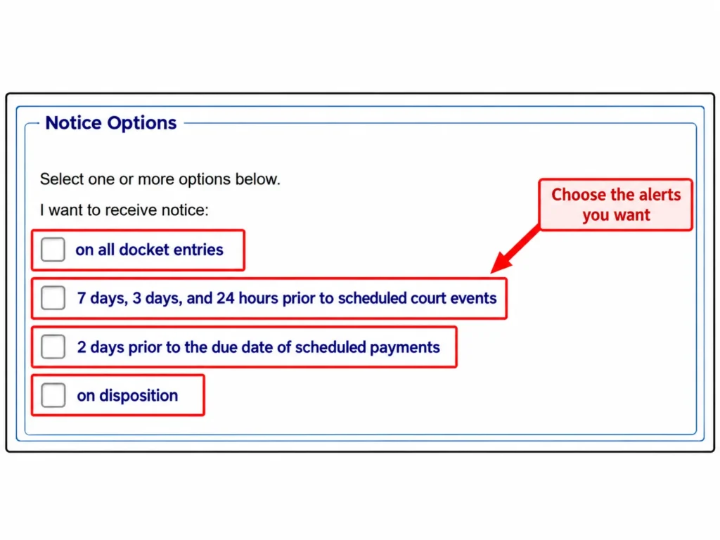 Case.net Notice Options for docket entries, court event reminders, payment reminders, and disposition