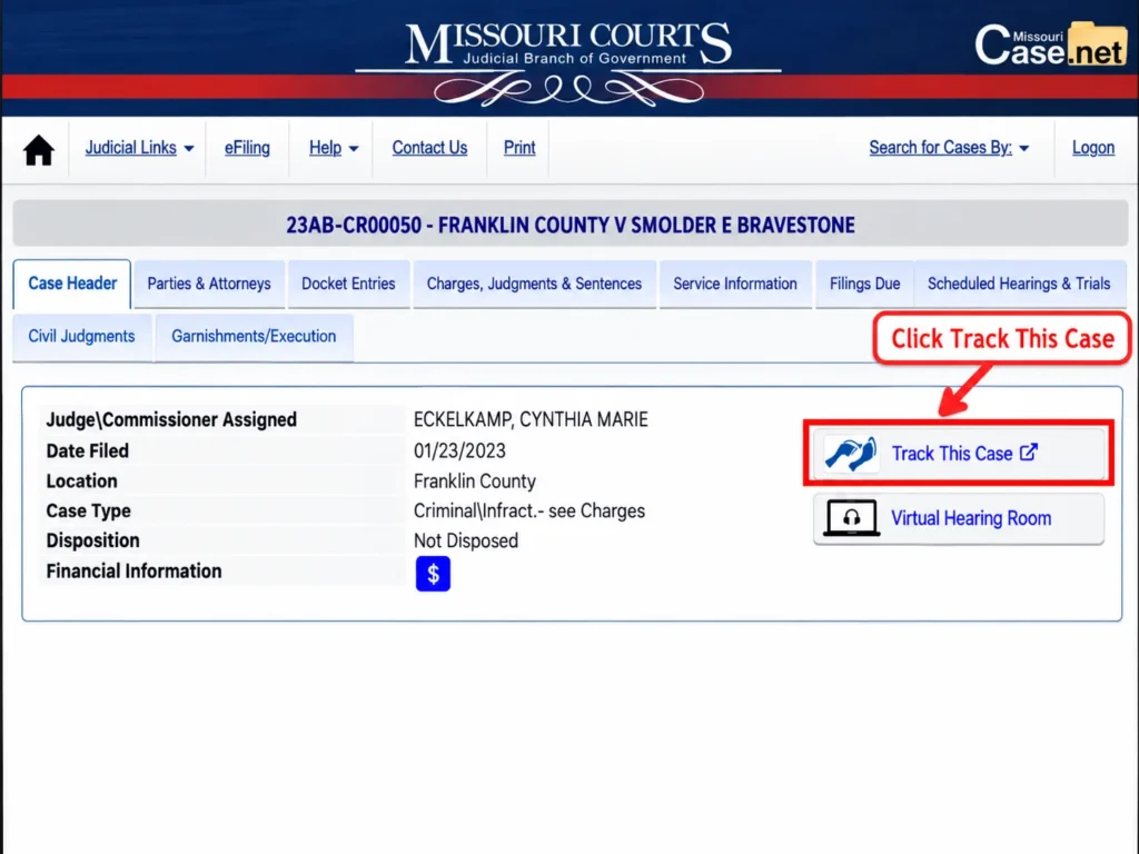 Missouri Case.net Case Header tab with the Track This Case button highlighted