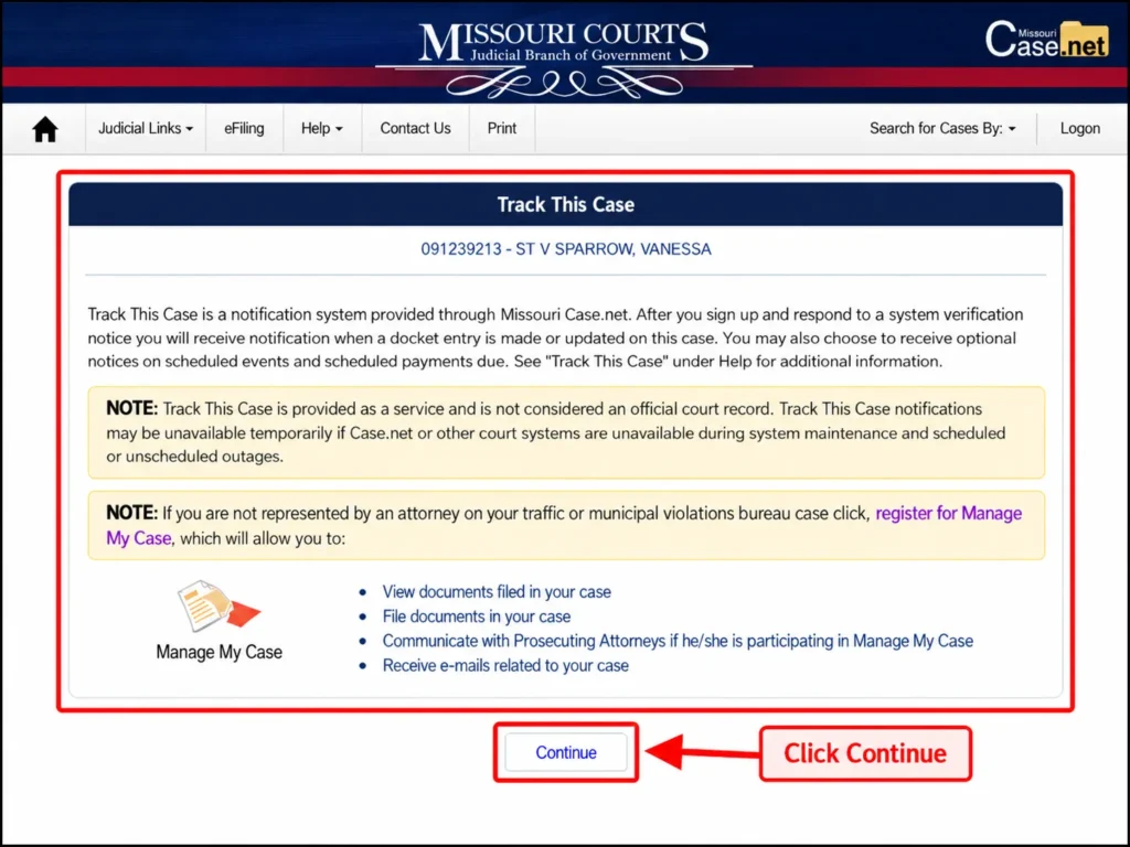 Track This Case information page on Missouri Case.net with the Continue button highlighted