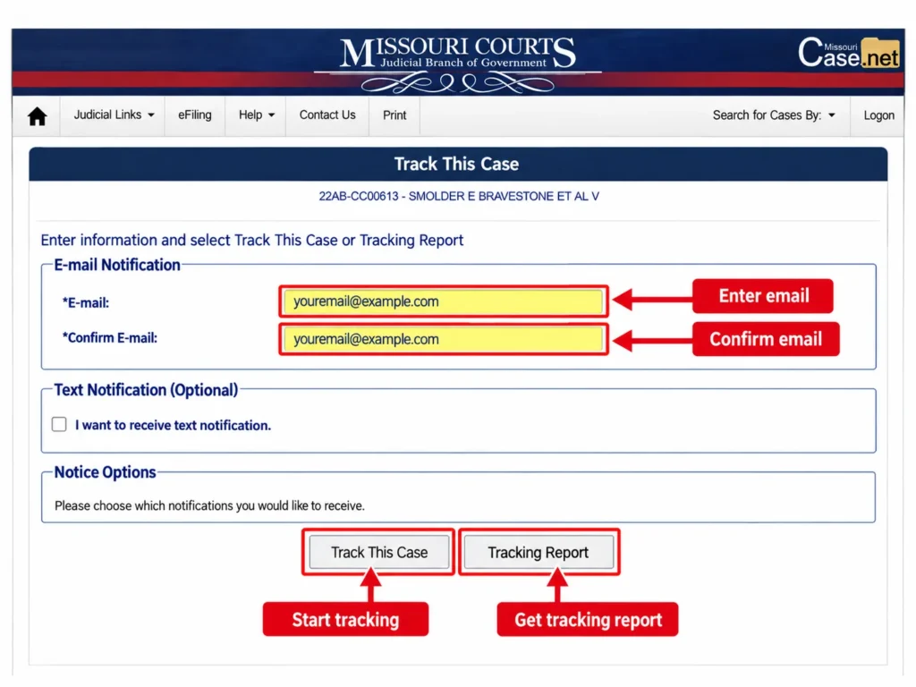 Case.net Track This Case form with email, confirm email, Track This Case, and Tracking Report buttons