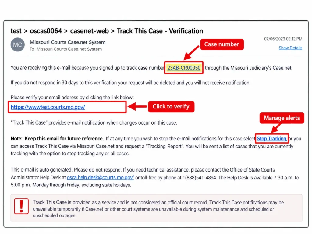 Missouri Case.net verification email with case number, verification link, and Stop Tracking link
