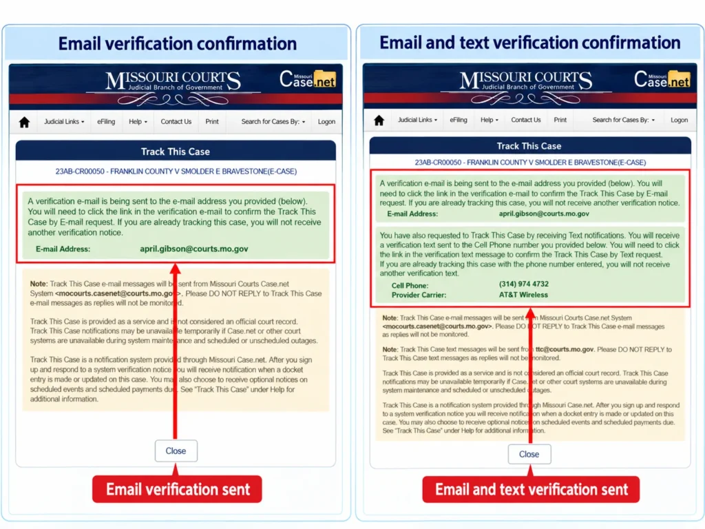 Case.net confirmation screens showing email and text verification sent for Track This Case