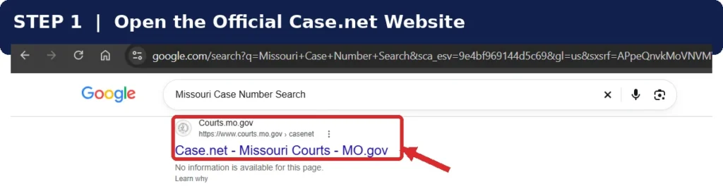Missouri Case Number Search on Google showing the official Courts.mo.gov Case.net result