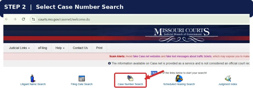 Case Number Search option highlighted on the Missouri Case.net homepage