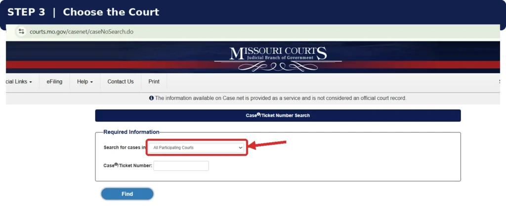 Search for cases in dropdown set to All Participating Courts on the Missouri Case.net case number search page