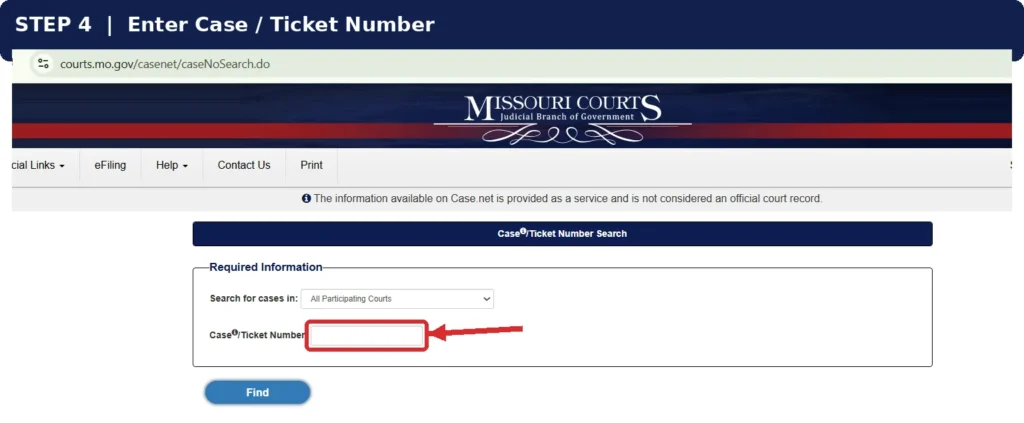 Case/Ticket Number field highlighted on the Missouri Case.net search form