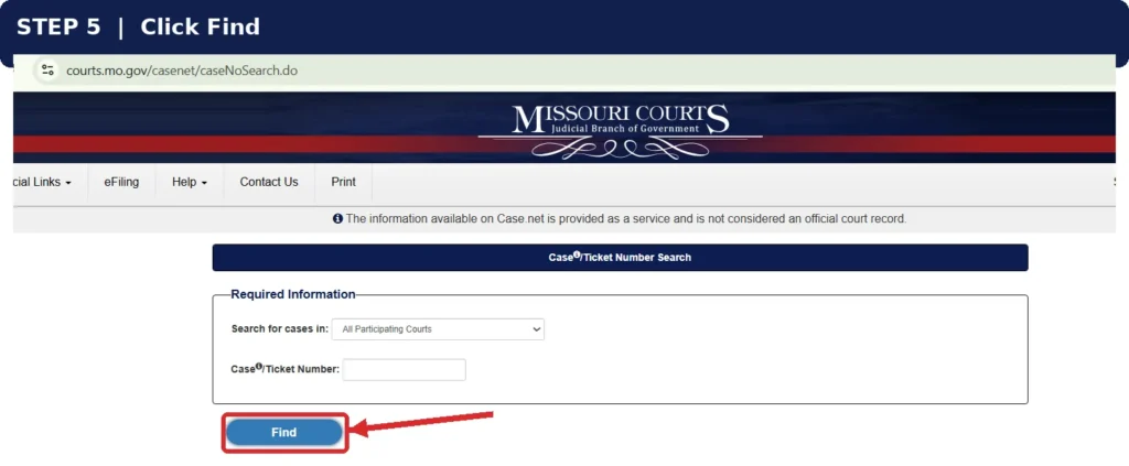 Find button highlighted to run a Missouri case number search on Case.net