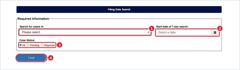 Missouri filing date search form on CaseNet with Search for cases in, start date, Case Status, and Find button marked