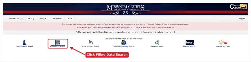 Missouri CaseNet homepage with the Filing Date Search option highlighted