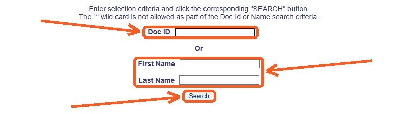 Missouri DOC Offender Search form with Doc ID, First Name, Last Name fields and Search button