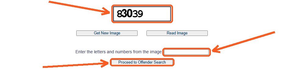 Missouri DOC Offender Search CAPTCHA box with the code field and Proceed to Offender Search button