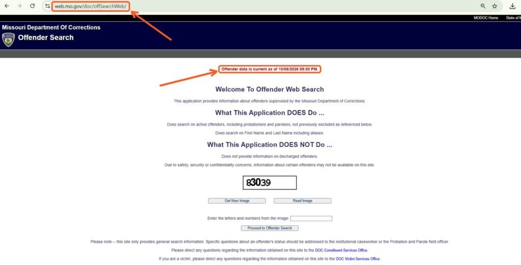 Missouri DOC Offender Search page at web.mo.gov/doc/offSearchWeb showing when offender data was last updated