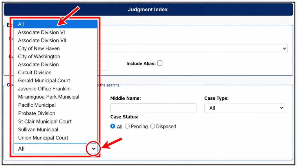 Judgment Index Location dropdown listing Franklin County court divisions and municipal courts