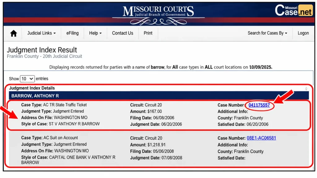Judgment Index result row with the Case Number link and judgment details marked