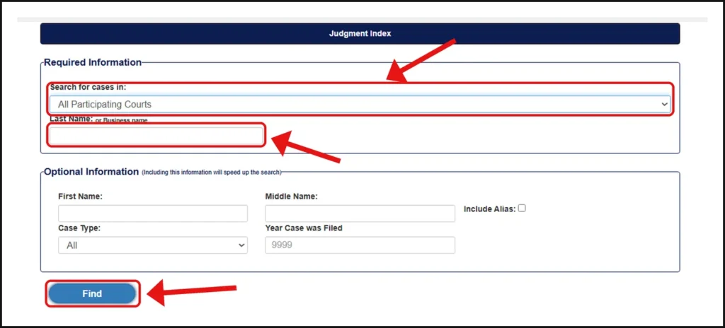 Missouri Case.net Judgment Index form with Search for cases in, Last Name, and Find button marked