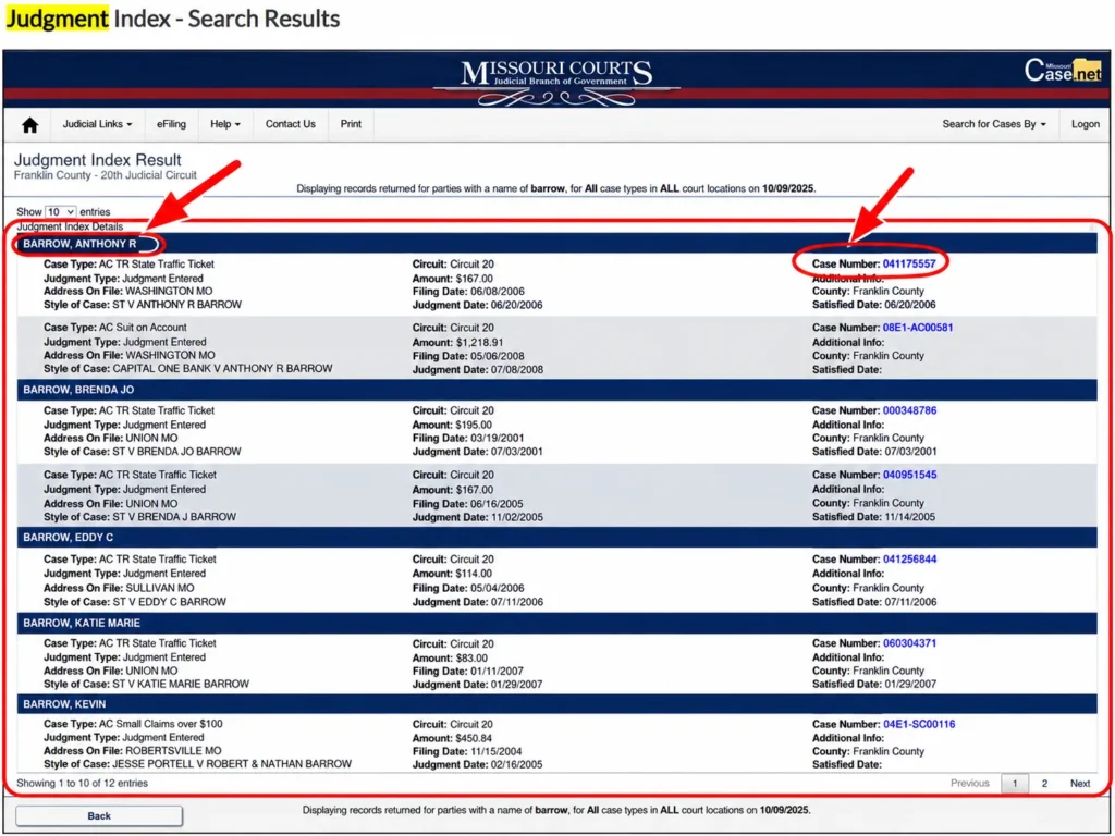 Missouri Judgment Index search results for the last name Barrow in Franklin County