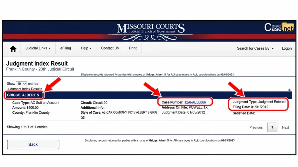 Missouri Suit on Account judgment in the Judgment Index with amount and filing date