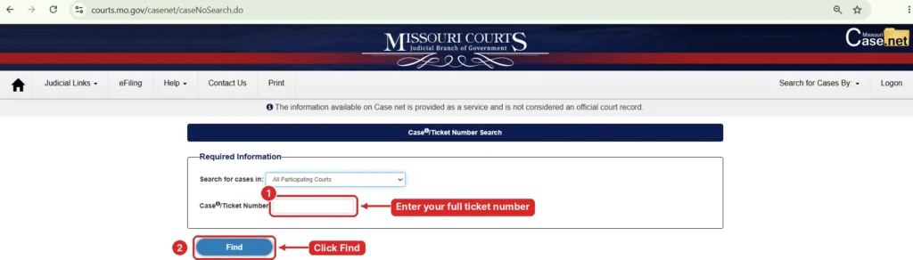 Missouri traffic ticket search on Case.net Case Number Search form with ticket number field and Find button