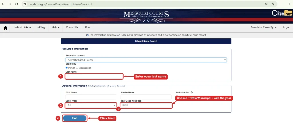 Case.net Litigant Name Search form with last name, Traffic/Municipal case type and year filed fields