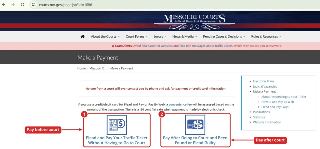 Missouri Courts Make a Payment page showing Plead and Pay before court and Pay By Web after court