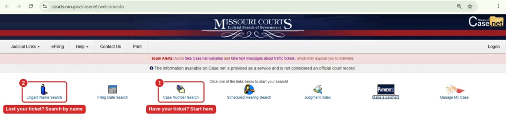 Missouri Case.net home page showing Case Number Search and Litigant Name Search options for a traffic ticket lookup